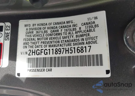 2007 Honda Civic Ex z USA, uszkodzony, nr VIN 2HGFG11897H516817